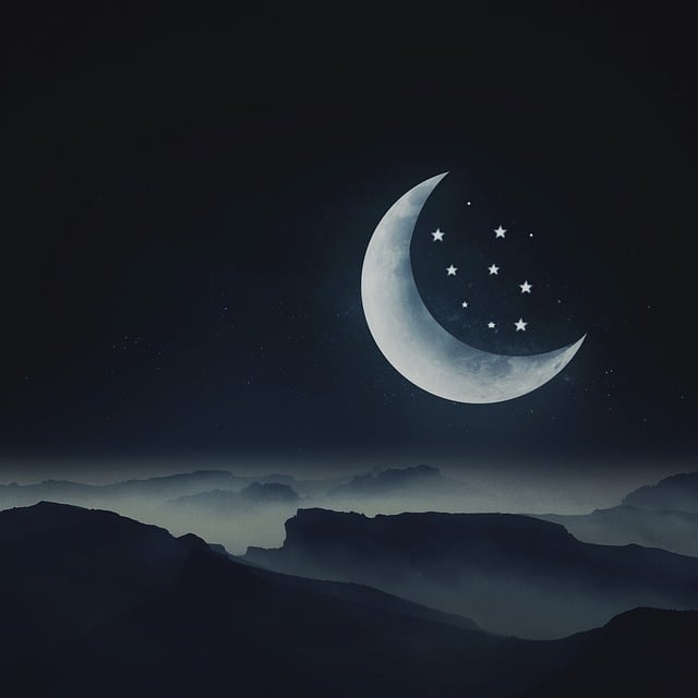 quarter moon and stars on a black sky