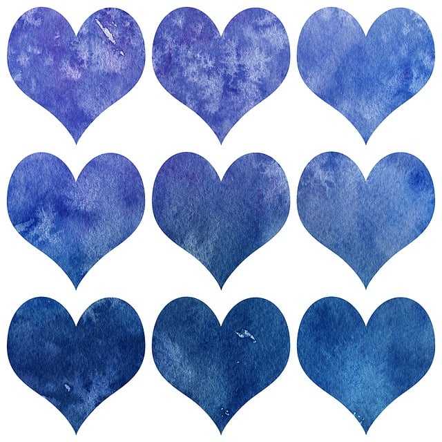nine hearts in shades of blue and purple