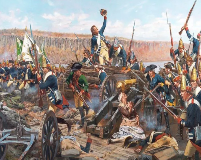 Hessians storm Colonel Rawling’s Redoubt of Maryland and Virginian Riflemen. Margaret Corbin, who manned a cannon after her husband was killed, is featured in Don Troiani’s painting of the Battle of Fort Washington.